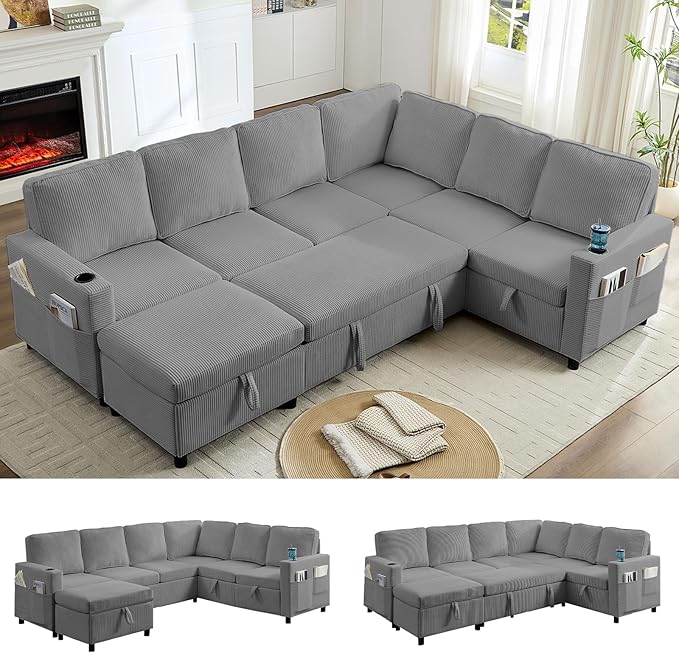PUREMIND 100 Sectional Sleeper Sofa with Pull Out Bed U Shaped Modular Sectional Sofa with Storage Chaise Corduroy Cloud Sofa Bed with Cup Holders for Living Room Bedroom Apartment Grey