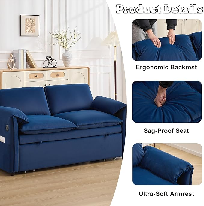 63 Velvet Pull Out Sofa Bed 3-in-1 Convertible Futon Loveseat Queen Sleeper Sofa Couch Bed with Adjustable Backrest USB Ports &amp Side Pockets Modern Sofas for Living Room Apartment Blue