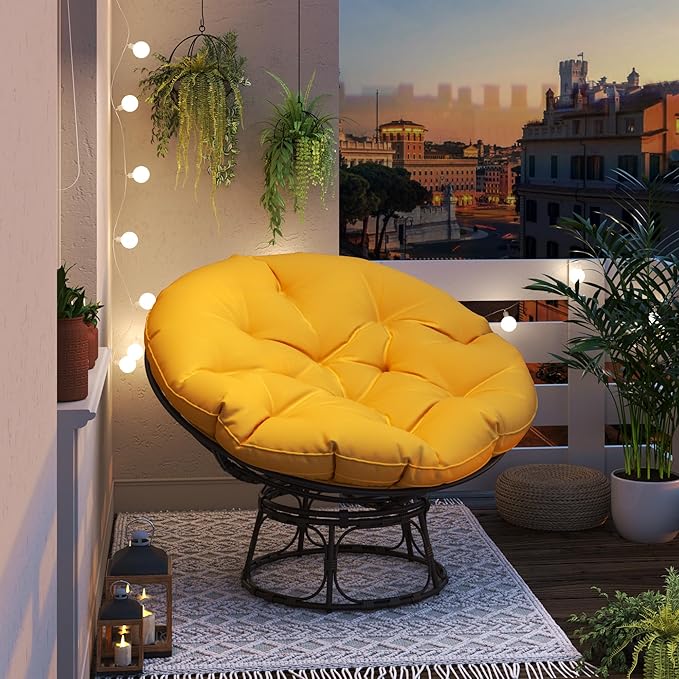 46'' Large Size Papasan Chair (Non-Swivel) with Cushion and Frame Overstuffed Thickened Lazy Chair Mustard Yellow