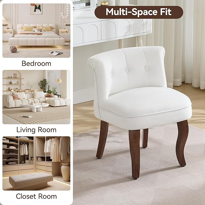 Velvet Vanity Chair with Back Tufted Upholstered Vanity Stool with Solid Wood Legs Mid Century Small Makeup Chair for Vanity Accent Chair for Bedroom Living Room White