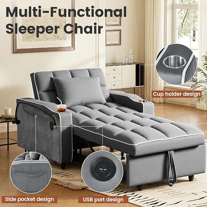 Sleeper Chair Convertible Pull Out Chair Sleeper with Bracket and Cup Holder Chairs Bed Sleepers for Adults 3 in 1 Sofa Bed Chairs for Small Spaces Living Room Gray