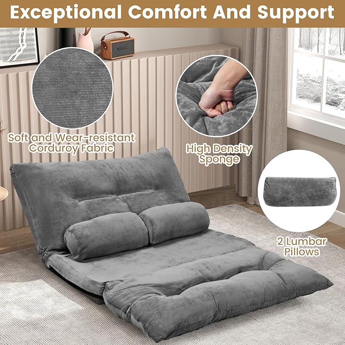 KOMFOTT Foldable Floor Lazy Sofa with 2 Pillows 6-Position Adjustable Reclining Sofa Sleeper Bed Convertible Futon Couch Bed Floor Couch Lounge for Relaxing Reading Playing Gaming (Grey)