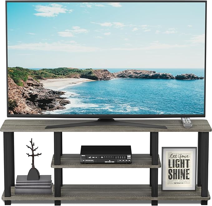 Furinno Turn-N-Tube No Tools 3D 3-Tier Entertainment TV Stand up to 50 inch TV Square Tubes French Oak Grey/Black