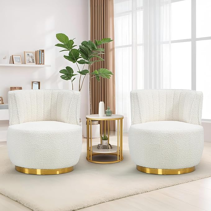 SLEERWAY 360° Swivel Barrel Chair Set of 2 Modern Teddy Round Accent Chair Comfy Upholstered Small Armchair with Gold Metal Base for Living Room Bedroom Nursery Sillas para Sala Cream White