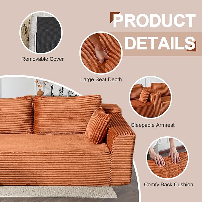 110 Modular Sectional Sofa with L-Shape Chaise Boneless Cloud Couch with Deep Seat Sponge Compression Sofas No Assembly Required Upholstered Couches for Living Room Bedroom Corduroy (Brown)