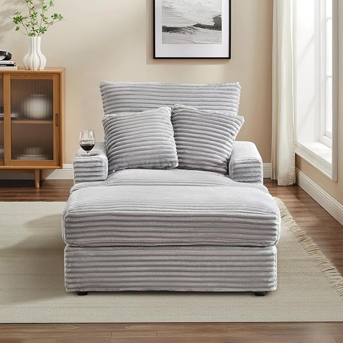 Chaise Lounge Chair Indoor 39 W Plush Corduroy Oversized Chair with Ottoman Upholstered Cozy Chaise with Cup Holder Modern Deep Seat Comfy Sofa Armchair for Living Room Bedroom(Grey)
