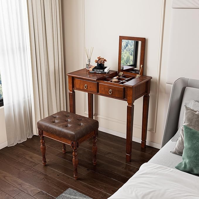 PADMA HOUSE Flip Top Wood Makeup Vanity Desk with Mirror Small Dressing Table with Two Drawers Flip-up Wooden Writing Desk Secretary Table in Cherry Walnut for Bedroom Living Room