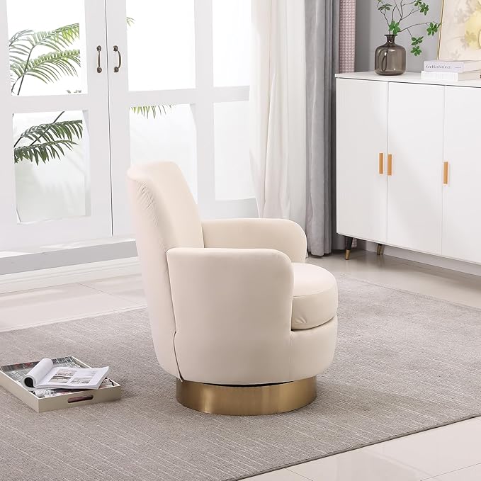 360° Swivel Barrel Accent Chair Comfy Round Accent Chairs with Gold Iron Base &amp Dual-Layer Cushion Modern Lounge Reading Armchair Upholstered Sofa Chair for Living Room Bedroom(Velvet Beige)
