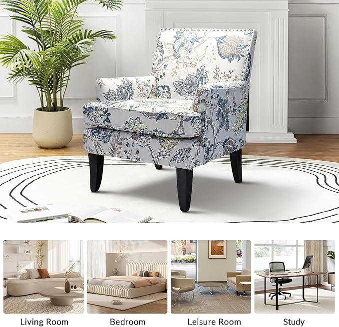 HULALA HOME Modern Accent Chair for Living Room Upholstered Fabric Single Sofa Chair Wingback Armchair with Wooden Legs for Bedroom Office Reading or Waiting Room Blue Yellow Floral