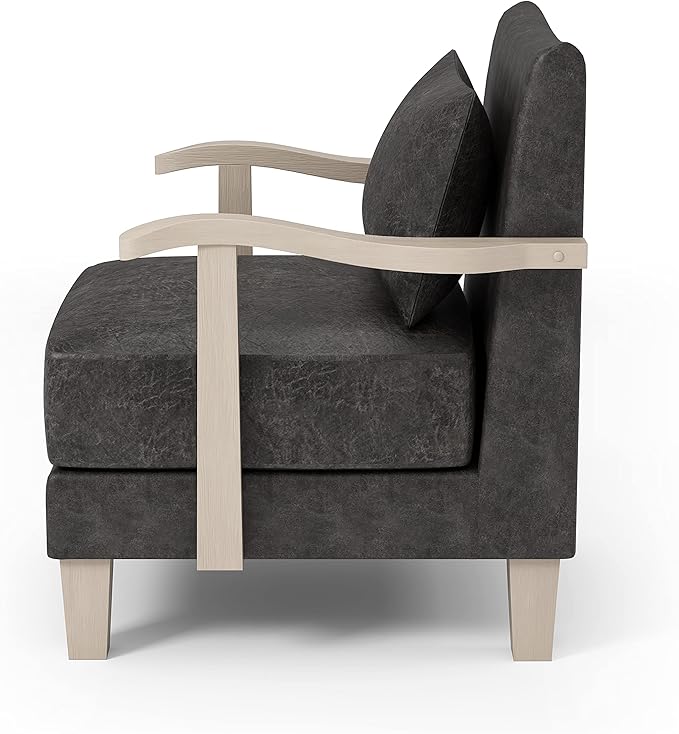 HOMES: Inside + Out Turney Faux Leather Upholstered Arm Chair with Pillow Back and Wooden Arm for Living Room Bedroom Light Gray