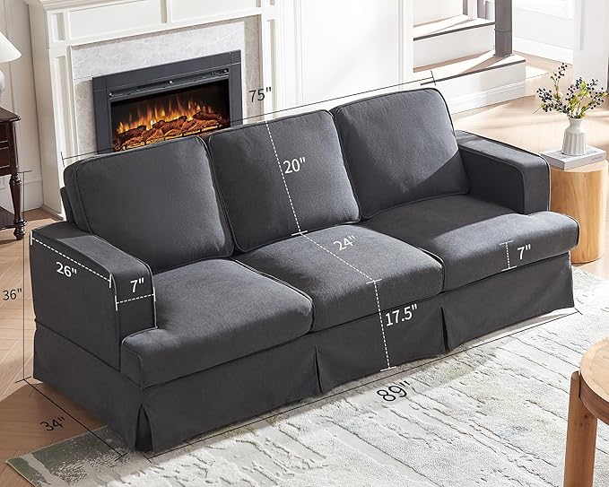 AMERLIFE Modern Sofa 89 inch Slipcovered Sofa 3 Seater Sofa Comfy Couch for Living Room Office Linen Grey Oversized Couch