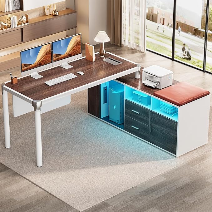 Cyclysio Large L Shaped Desk with File Cabinet and Outlet Reversible Corner Computer Desk with LED Lights Home Office Desk with Drawer Soft Cushion Espresso