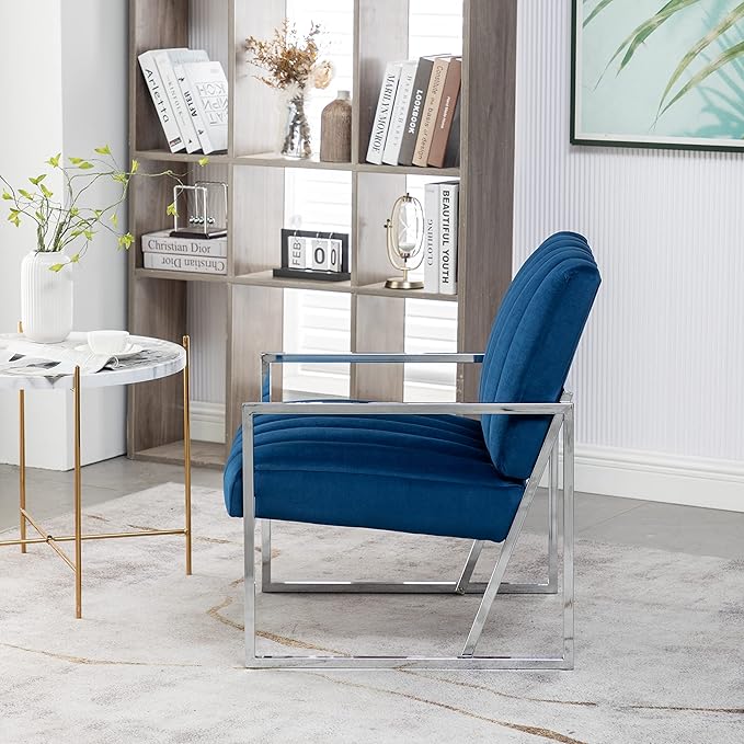 Generic Velvet Vertical Stripe Armchair Gold Metal Frame Accent Chair Suitable for Living Room BedroomBlue