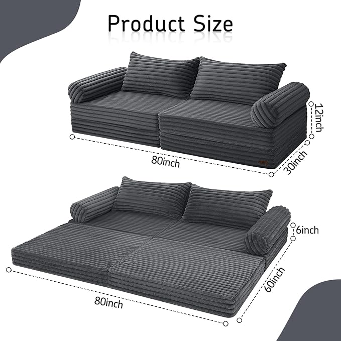 MeMoreCool Convertible Sofa Bed Folding Floor Couch Bed Queen Pull Out Sleeper Couch with Pillows Fold Out Futon Sofa for Bedroom Living Room Small Space Corduroy Grey