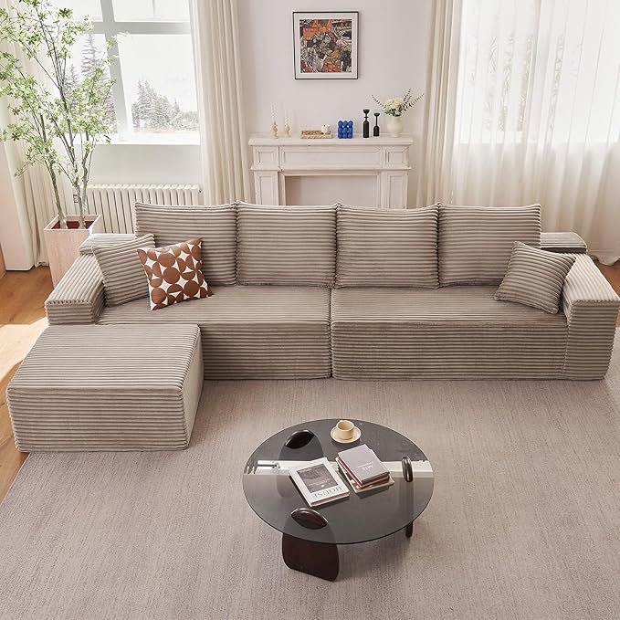 140 L Shaped Cloud Sectional Couch for Living Room Modular Floor Deep-Seat Sofa Big Comfy Corduroy Couches Set with Fluffy Memory Foam for Living Room Bedroom No Assembly Required Camel