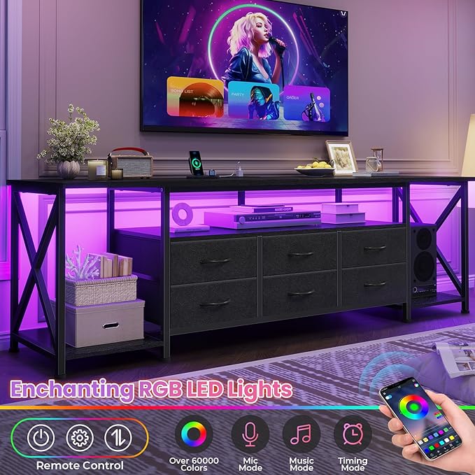 BTHFST TV Stand with LED Lights &amp Power Outlets for TVs up to 80 Inches 6 Fabric Drawers Entertainment Center with Open Storage Shelves 63 TV Media Console Table for Living Room Bedroom Blac