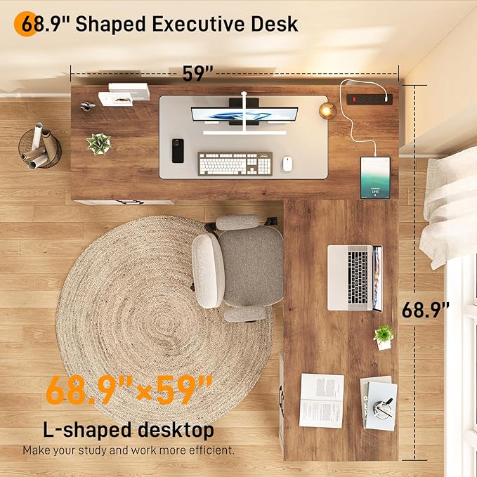 Farmhouse Home Office Desk with 6 Drawers L Shaped Executive Desk with Power Outlets and Triangle Under-Desk Storage Shelf &amp Drawer File Cabinet Corner Computer Desk Brown