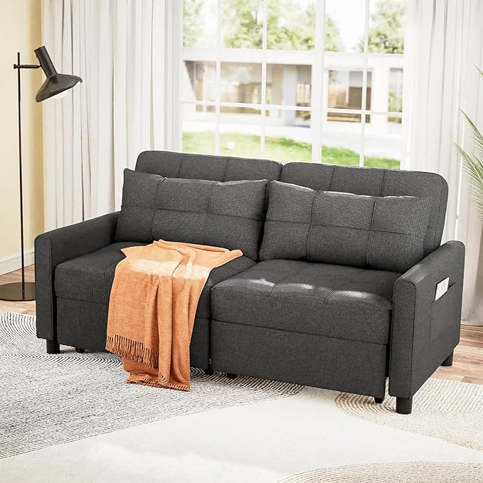 Aiho 58 Sleeper Sofa Bed Pull-Out Couch with Adjustable Backrest and Side Pocket for Living Room (Dark Gray)