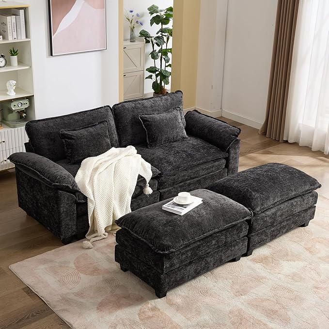 IPKIG 82.6 Sectional Sofa Cloud Couch Modern Chenille Comfy Upholstered 2-Seat Sofa with 2 Ottoman 2 Lumbar Pillow Deep Seat Modular Couch for Living Room Apartment Office Studio (Black) | 2 La