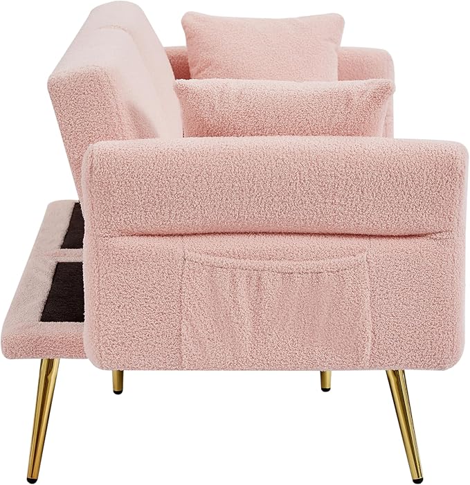 Pink Futon Sofa Bed Loveseat with Adjustable Backrest and Armrests Teddy Couch with Pillows and Side Pocket for Small Spaces Living Room Apartment Or Office (Pink)