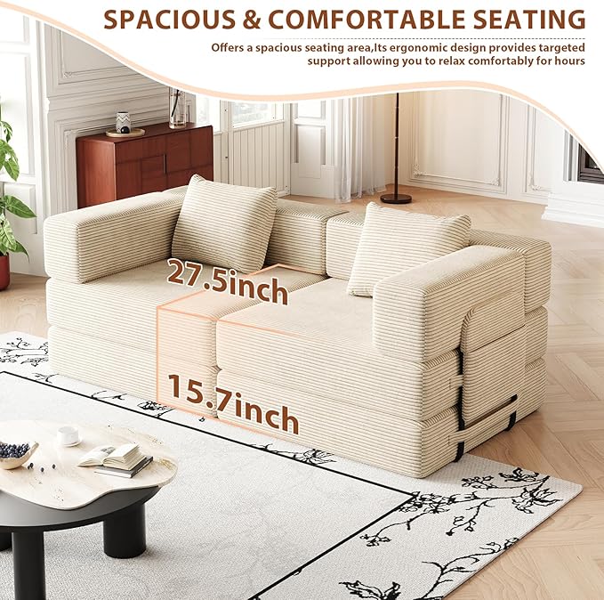Convertible Sofa Bed 108+108+72.4 Sectional Couch 8-Seater with Storage Pockets Modular Sleeper Couch Corduroy Folding Floor Boneless Lounge Sofa for Living Room Guest Room Beige