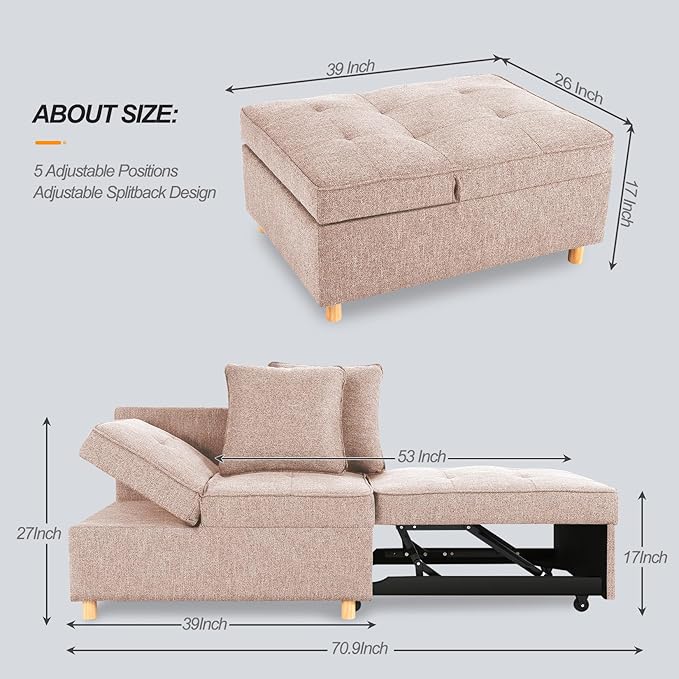 SEJOV 71 Convertible Couch Bed Brown Wood Loveseat Sofa Adjustable Couch Sleeper with Pull Out Bed Modern Linen Fabric Space-Saving Sofas for Living Room Apartment and OfficeLight Brown