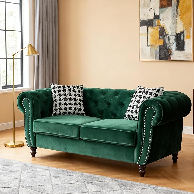 Loveseat Velvet Fabric Two- Seater Couch Buckle Design and Rivet Decoration Deep Seated Double Sofa Suitable for Living Room Bedroom Apartment Hotel etc (blue-02)
