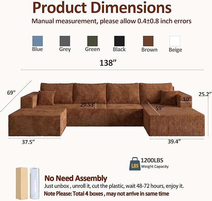 138 Modular Sectional Sofa U-Shaped Cloud Couch with Deep Seats &amp Chaise Convertible Corduroy Boneless Couches for Living Room No-Assembly - Grey (Right Facing Chaise)