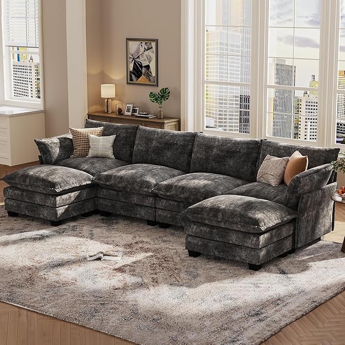 KKL 120 Modular Sectional Sofa for Living Room U-Shaped 6 Seater Convertible L-Shaped Cloud Couch with Ottoman Chenille Modern Sectional Couches for Living Room Apartment Grey