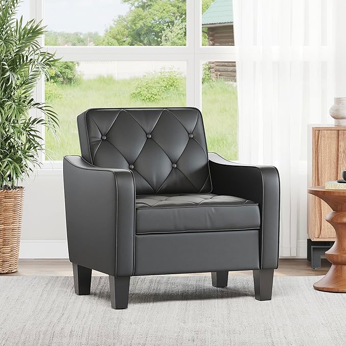STHOUYN Living Room Arm Chairs Black Faux Leather Accent Chair Waiting Room Chairs Office Reading Chair for Guest (1 Black)
