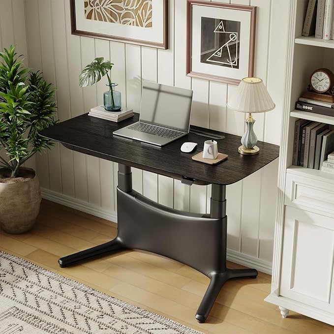 COLAMY Electric Adjustable Standing Desk – 48 x 28 Inch Sit Stand Desk with Drawer &amp Cable Management Dual Motor Lift System Ergonomic Footrest Home Office Table (Veneer Desktop Black Oak + Bl