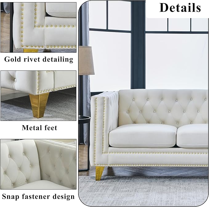 58 Chesterfield Velvet 2-Seater Sofa for Living RoomLoveseat Tufted Couch with Rolled Arms Nailhead and Two Pillows for Living RoomBeige