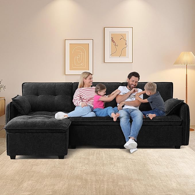 Oversized Modular Sectional Sofa with Ottoman 96.5 Inch 3 Seat Deep Seat Chenille Couch Convertible L Shaped Sofa with Pillows Comfy SeatingCouch for Living Room Apartment Office (Black)