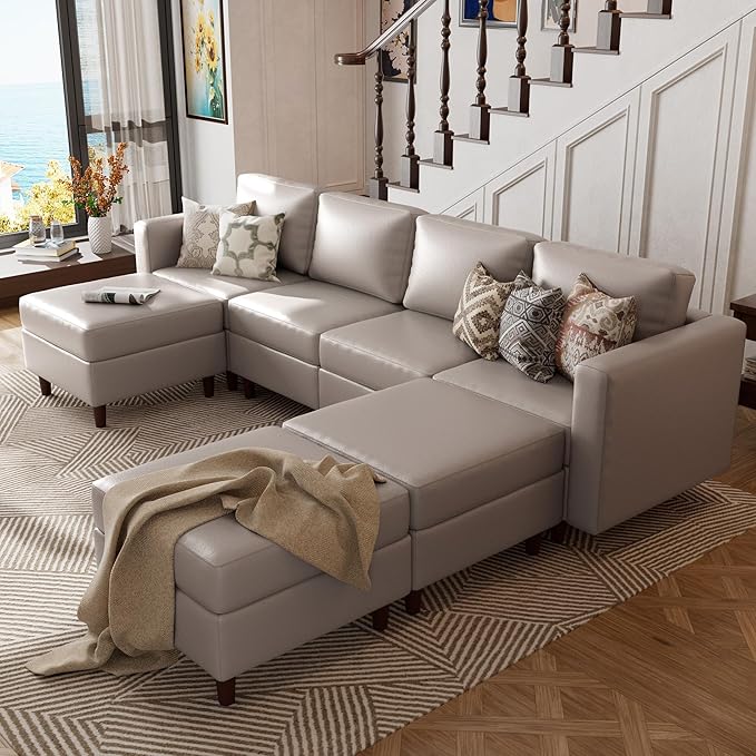 ABCASA Sofa Modular Sectional Faux Leather Sectional Sofa Module Whitesand