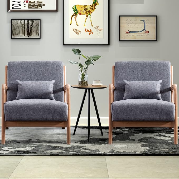 INZOY Mid Century Modern Accent Chair with Wood Frame Upholstered Living Room Chairs with Waist Cushion Reading Armchair for Bedroom Sunroom (Dark Grey)