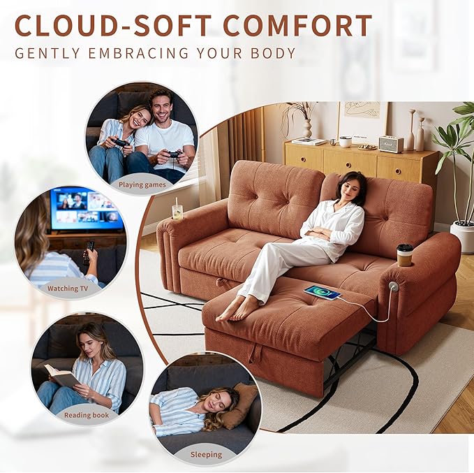 80.4 Convertible Sofa Bed with Cup Holders and Adjustable Backres Chenille Loveseat Sleeper Sofa with Pull Out Bed and USB Charging 3 in 1 Multi-Functional Couches (Orange 80.4-inch)