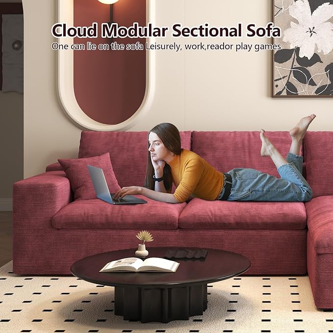 107'' L-Shaped Modern Modular Sectional Cloud Couch 4-Seat Chenille Deep-Seat Sofa with Pillow for Living Room Bedroom Apartment Wine Red