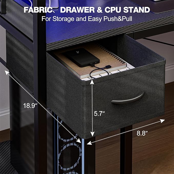 Grandder Gaming Desk 40 Inch with Power Outlet and LED Light Computer Desk with Reversible Shelves and Storage Drawer Pc Small Desk for Home Office Table with Bag Carbon Fiber Black