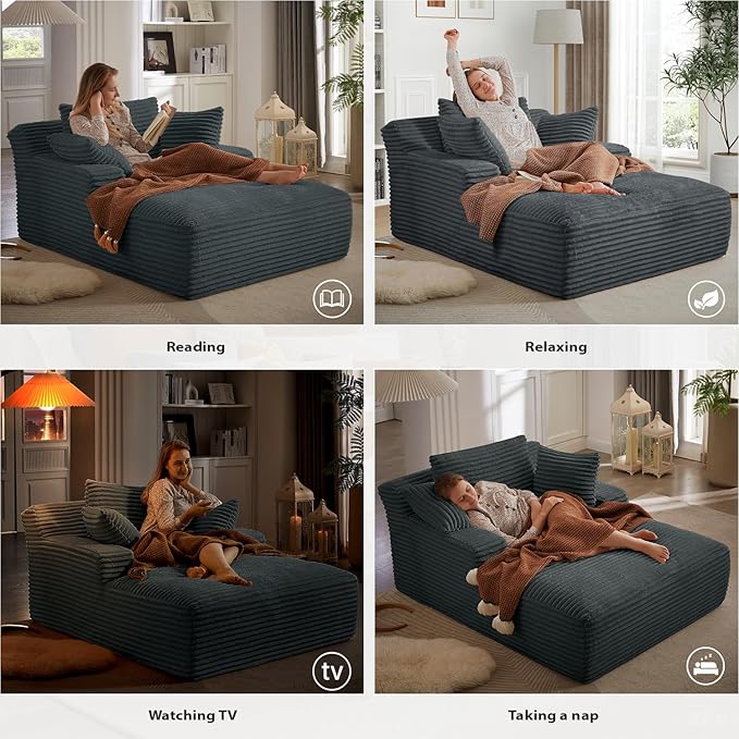 67 Inch Chaise Lounge Chair Indoor Oversized Corduroy Upholstered Boneless Sofa Bed Deep Seat Sleeper Couch Reading Chairs Cloud Sofas Couches for Living Room No Assembly Required (Dark Grey)