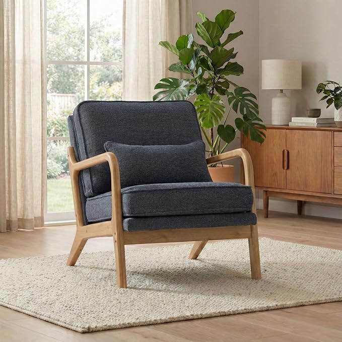 Modern Accent Chair Mid Century Wooden Upholstered Armchair with Lumbar Pillow &amp Removable Soft Cushion Reading Chair for Living Room Bedroom BalconyCoffee(Beige/Blue/Green/Grey)