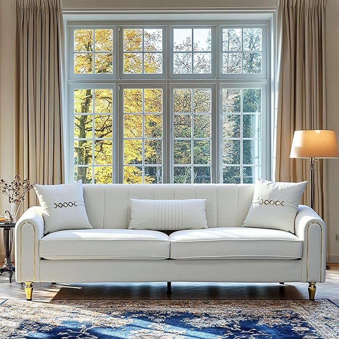 87.5 Modern 3-Seater Velvet Couch with Metal Legs &amp Decorative Pillows High Resilience Sponge Spring Seat Luxury Sectional Loveseat Sofa for Living Room Apartment Small Space Beige