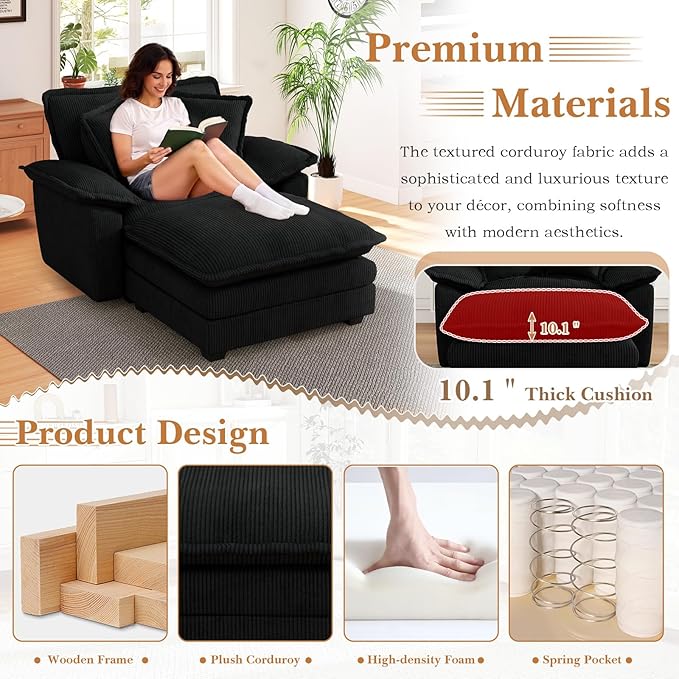 48 W Oversized Chaise Lounge Chair Indoor with Ottoman Upholstered Cloud Accent Chair with Extra Wide Armrests Comfy Green Corduroy Sleeper Chair for Living Room Bedroom Reading (Black)