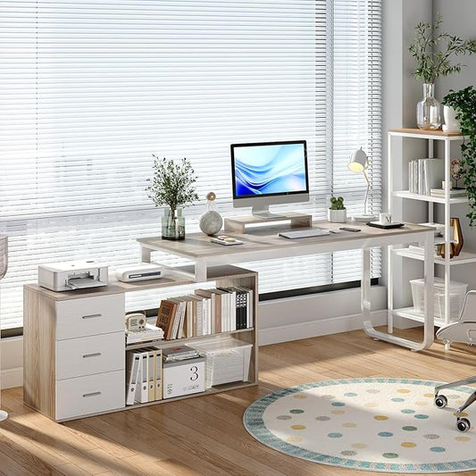 HOMBCK L Shaped Desk with Drawers and Shelves 55 Office Desk with Storage Removable Monitor Stand Reversible L Shaped Desk Corner Desk for BedroomHome Office White &amp Walnut