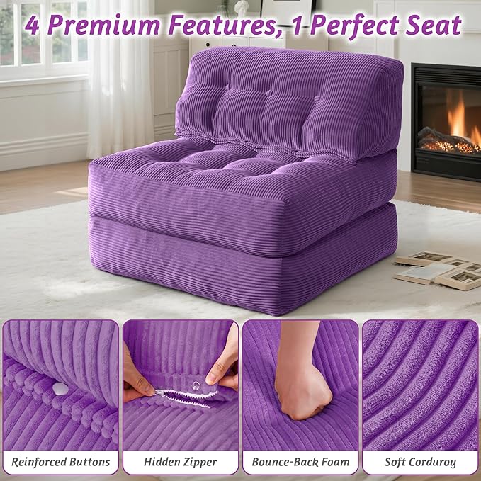 HABUTWAY Folding Sofa Bed Convertible Sleeper Chair Bed with Pillow &amp Handle Foldable Mattress with Back Support Portable Single Couch Comfy Floor Sofa Lounge for Living Room Bedroom(Dark Purp