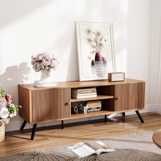 COMHOMA TV Stand for Living Room Mid Century Modern Entertainment Center for 55/60/65 Inch TVs Retro Brown TV Console with Fluted Door Cabinets and Open Adjustable Shelve Storage for Bedroom
