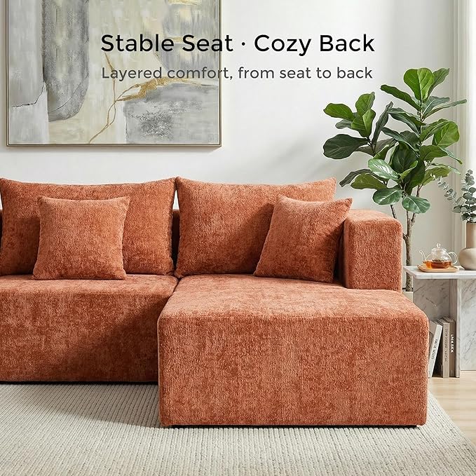 WELAX 104 Modular Sectional Couches for Living Room Boneless Couch L-Shape with Cup Holders &amp Pillows Modern Chenille Cloud Sofa 4 Seater Home Comfy Sofas for Bedroom Orange