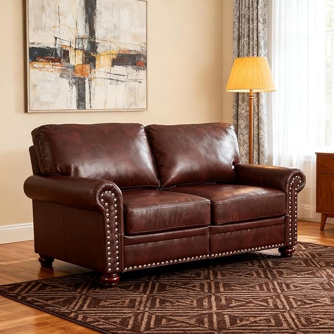 Loveseat Velvet Fabric Two- Seater Couch Buckle Design and Rivet Decoration Deep Seated Double Sofa Suitable for Living Room Bedroom Apartment Hotel etc (brown-01)