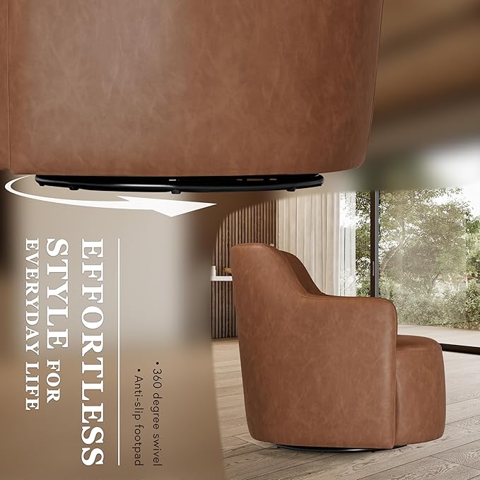 Homepop Home Décor Upholstered 360° Barrel Back Swivel Chair | Accent Chairs for Living Room &amp Bedroom | Decorative Home Furniture Cognac Faux Leather