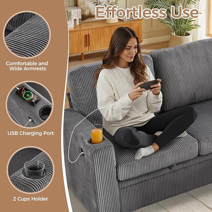 Sectional Sleeper Sofa with Pull Out Bed Plush Corduroy L Shaped Corner Couch with Storage USB Ports Cup Holders Comfy Sectional Couches for Living Room Grey | Modular Couch for Apartment Tool