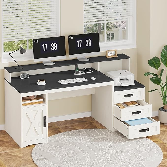 TVU Farmhouse Computer Desk with Drawers 65'' Home Office Desk with Power Outlets Storage Cabinet and Printer Stand Study Writing Desks with Long Monitor Stand Black and White